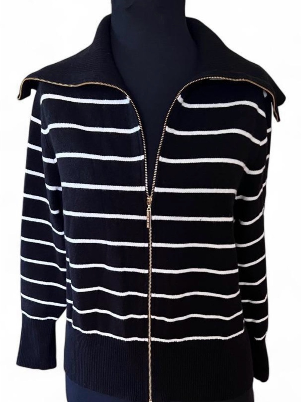 Marc New York Black & White Striped Zip Cardigan with Gold Zipper